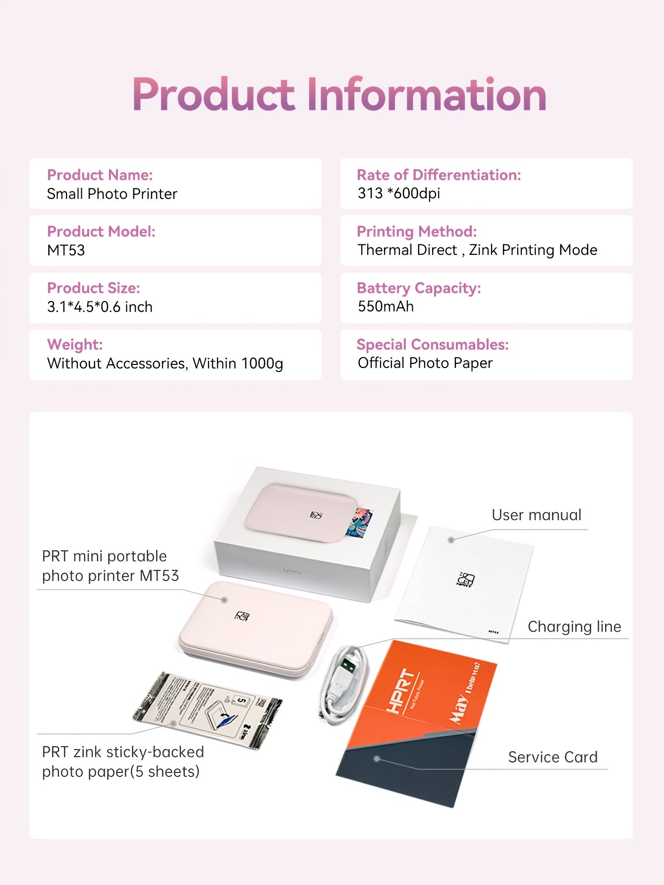 HPRT Mini Portable Photo Printer - PINK